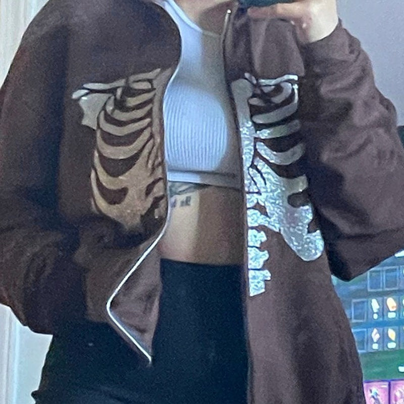 Casual Sweater European And American Halloween Skull Print Pullover Hooded Zipper Cardigan