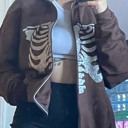 Casual Sweater European And American Halloween Skull Print Pullover Hooded Zipper Cardigan