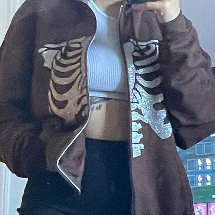 Casual Sweater European And American Halloween Skull Print Pullover Hooded Zipper Cardigan