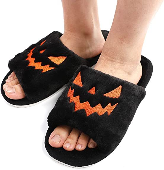 Plus Size Slippers Female Halloween Pumpkin Lantern Soft European And American Plush Open Toe Outer Wear Plush
