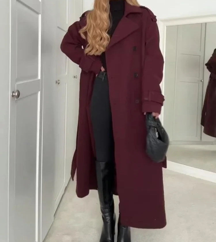 Lapel Woolen Belted Double-Breasted Coat