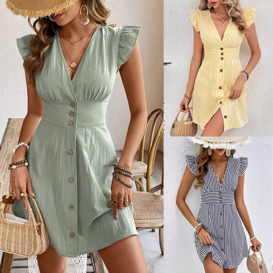 V-neck Single-breasted Stripe Shirt Dress