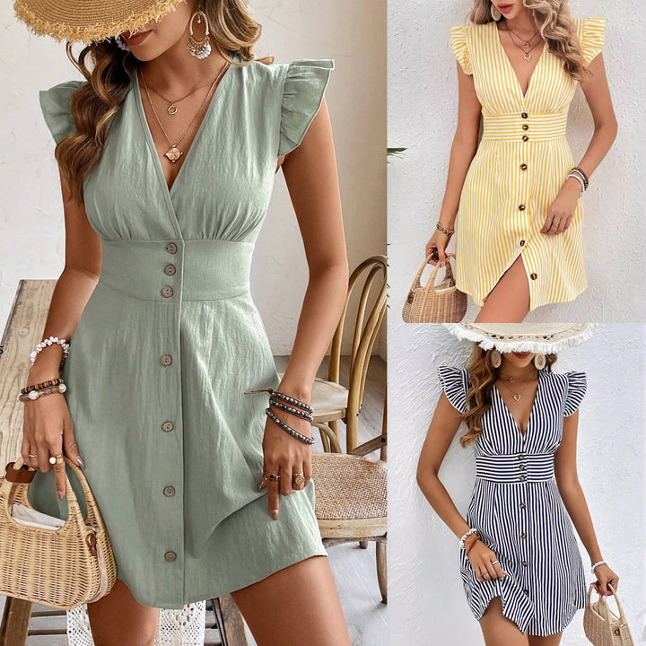 V-neck Single-breasted Stripe Shirt Dress
