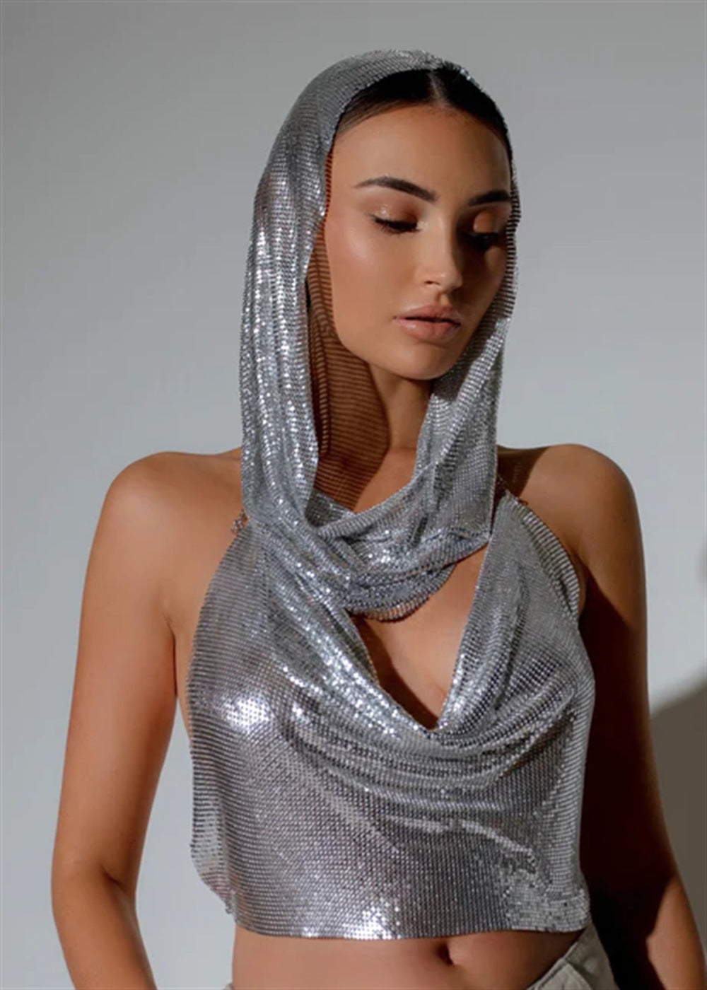 Back Slit Metal Sequins Top Scarf Two-piece Set