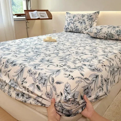 Bed Sheet with Elastic Washed Cotton Blue Flower Printed Fitted Sheet Single/Queen/King Mattress Cover set  for Double Beds