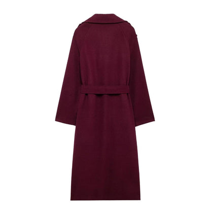 Lapel Woolen Belted Double-Breasted Coat