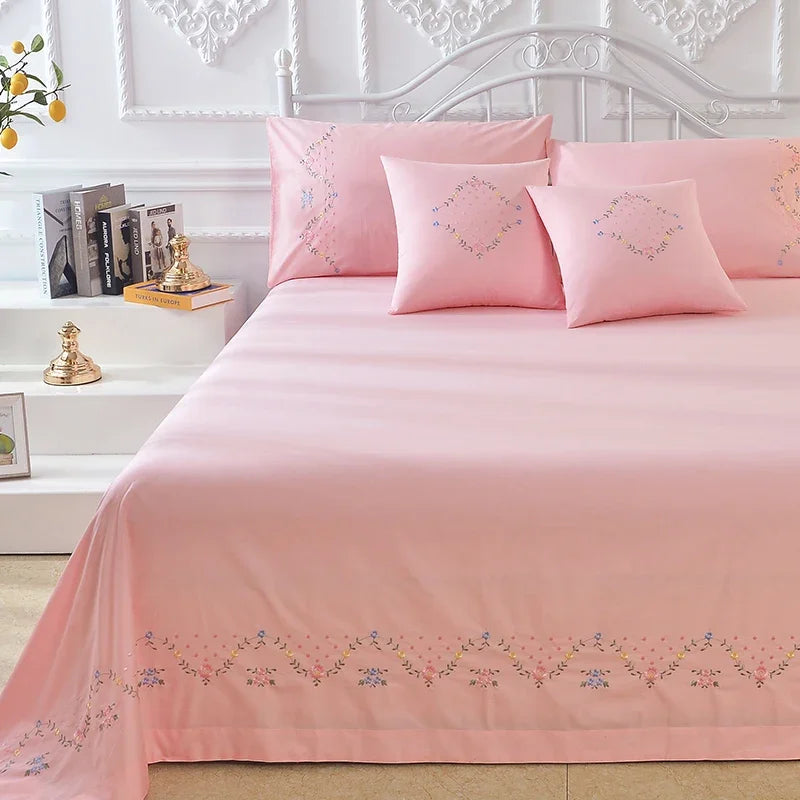 100% Cotton Greek Key Embroidery, 3-Piece Twin XL Kendell Bed Sheet Set, White/ Light Green/Pink