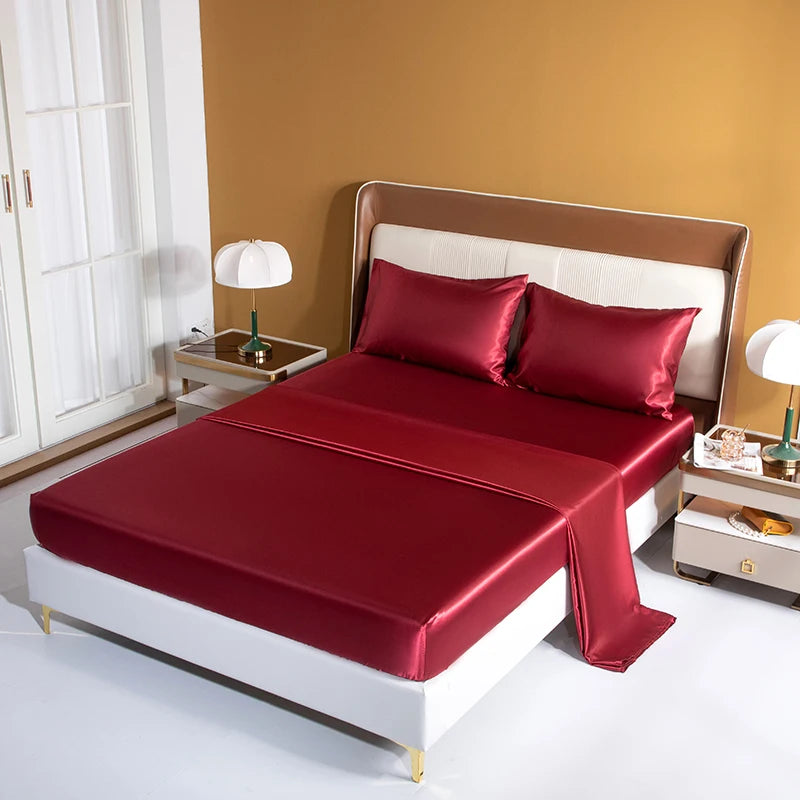 Satin Bedding Sheet Set Solid Color Fitted Sheet Set Single Double King Size Bed Sheet Set Luxury Rayon Flat Sheet Set