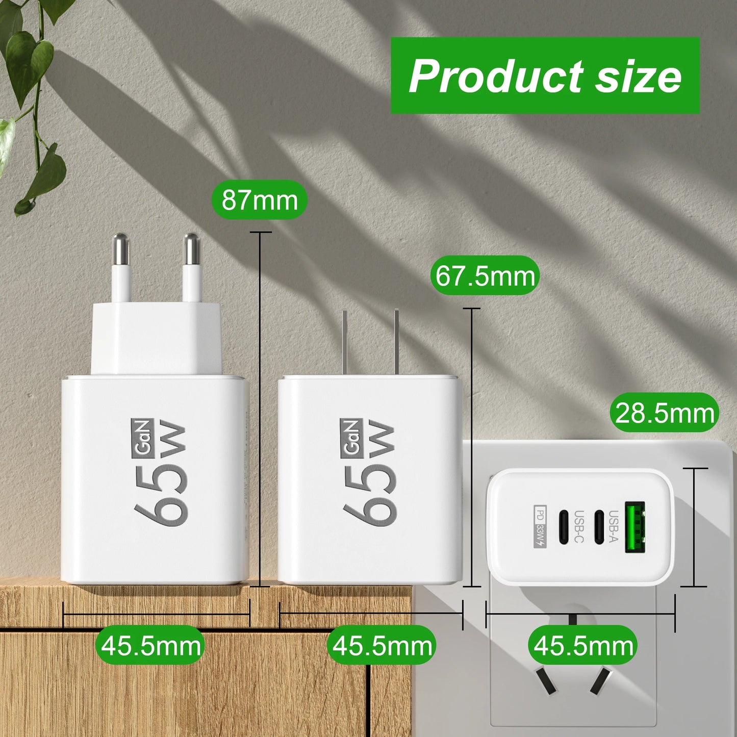 65W USB-C Fast Charging Charger PD Quick Charge 3.0 Wall Adapter for iPhone 15 Xiaomi POCO Samsung Oneplus - Phone Charging
