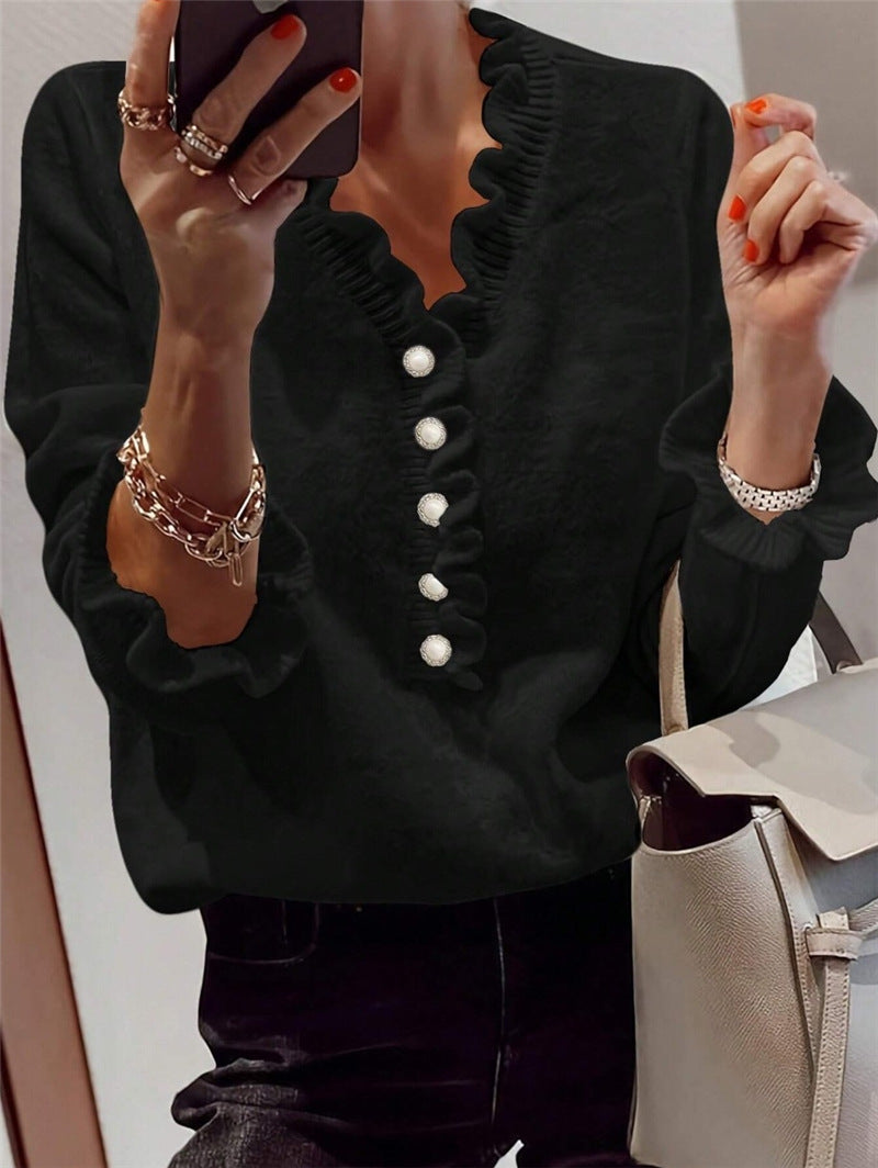 V-neck Ruffled Winter Knitted Sweater