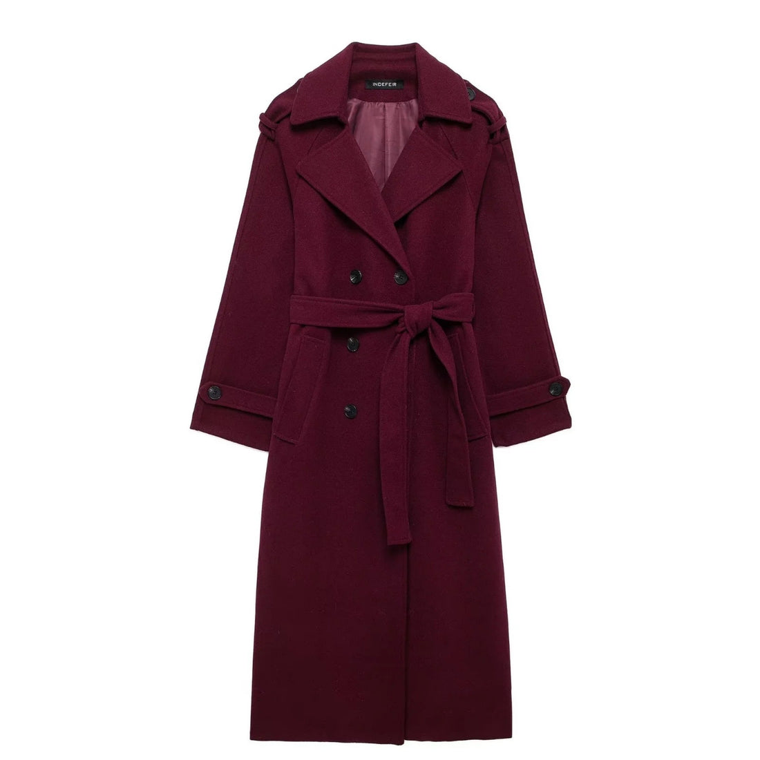 Lapel Woolen Belted Double-Breasted Coat