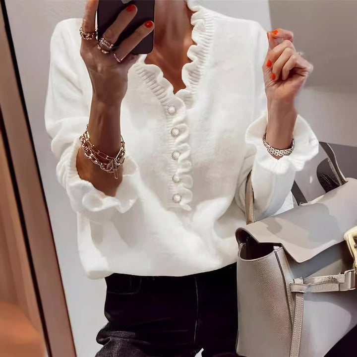 V-neck Ruffled Winter Knitted Sweater