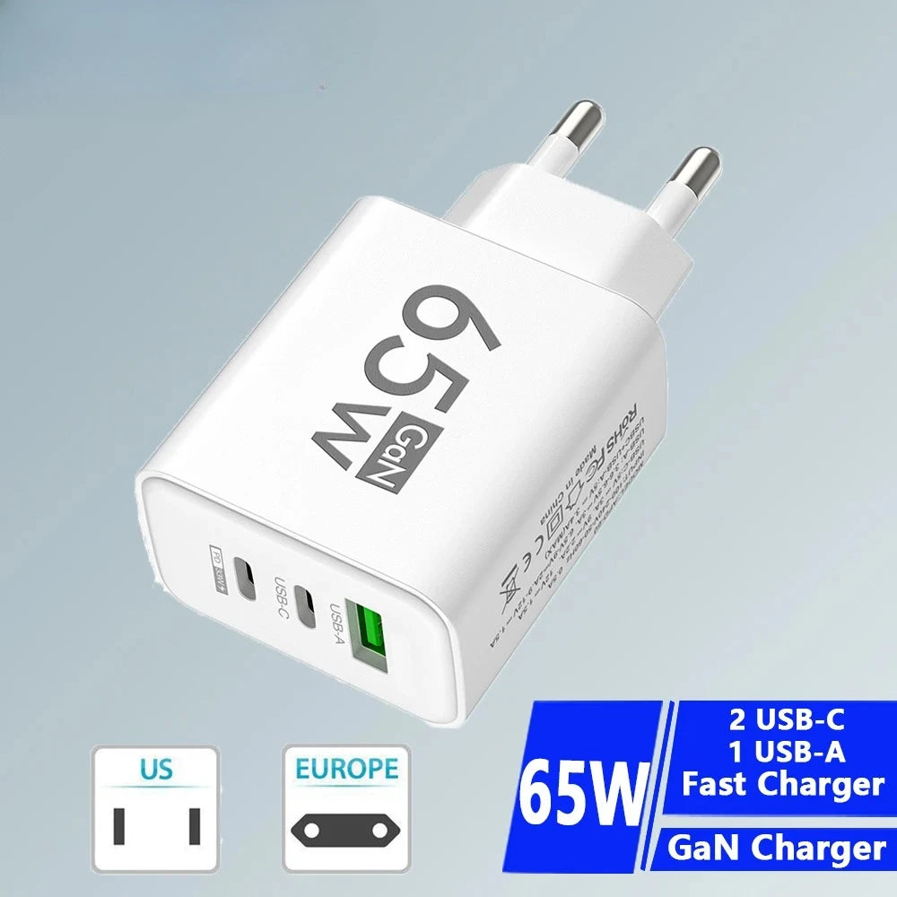 65W USB-C Fast Charging Charger PD Quick Charge 3.0 Wall Adapter for iPhone 15 Xiaomi POCO Samsung Oneplus - Phone Charging