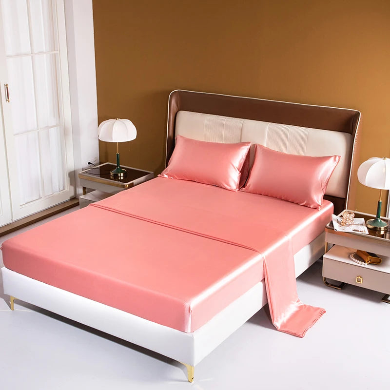 Satin Bedding Sheet Set Solid Color Fitted Sheet Set Single Double King Size Bed Sheet Set Luxury Rayon Flat Sheet Set