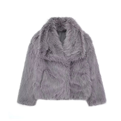 HH Women Fashion Cropped Faux Fur Jacket Coat Long Sleeve Front Snap-button Female Outerwear Chic Lapel Collar Thick Coat