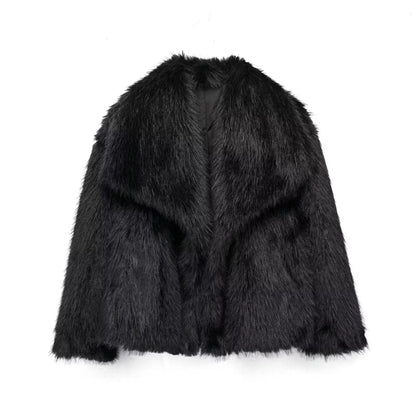 HH Women Fashion Cropped Faux Fur Jacket Coat Long Sleeve Front Snap-button Female Outerwear Chic Lapel Collar Thick Coat