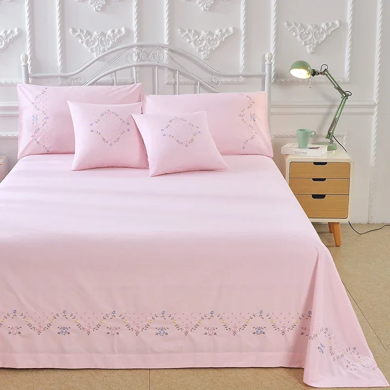 100% Cotton Greek Key Embroidery, 3-Piece Twin XL Kendell Bed Sheet Set, White/ Light Green/Pink