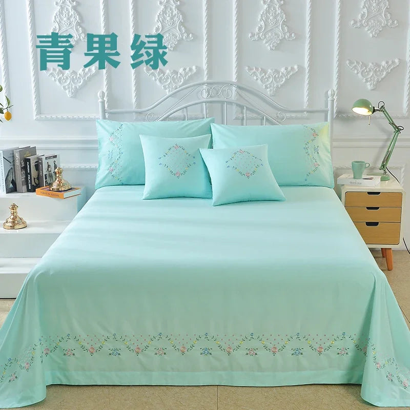 100% Cotton Greek Key Embroidery, 3-Piece Twin XL Kendell Bed Sheet Set, White/ Light Green/Pink
